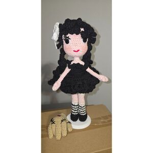 Handmade Crochet Wednesday Addams Doll with “Thing” Companion